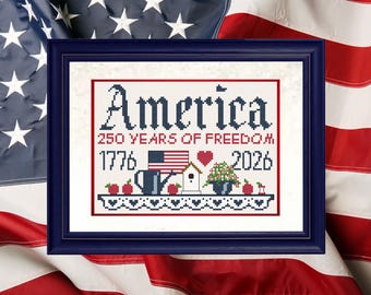 America Cross Stitch  Pattern - Freedom Cross Stitch - Patriotic Sampler - Semiquincentennial, United States Sampler, 250,  Pattern Keeper