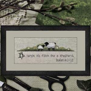 Green Cross Stitch - Cross Stitch Pattern PDF - He Tends His Flock - Inspirational Cross Stitch - Sheep Cross Stitch - Bible Cross Stitch