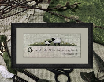 Green Cross Stitch - Cross Stitch Pattern PDF - He Tends His Flock - Inspirational Cross Stitch - Sheep Cross Stitch - Bible Cross Stitch