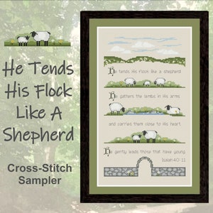 Sheep Cross Stitch - Cross Stitch Pattern PDF - He Tends His Flock - Inspirational Cross Stitch - Sheep Sampler - Bible Verse Cross Stitch,