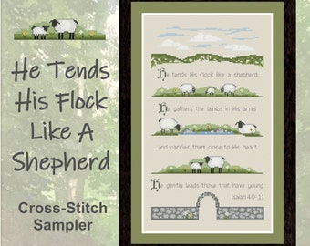 Schaf Kreuzstich - Kreuzstich Muster PDF - Er hütet seine Herde - Inspirational Cross Stitch - Schaf Sampler - Bibel Vers Kreuzstich