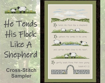 Sheep Cross Stitch - Cross Stitch Pattern PDF - He Tends His Flock - Inspirational Cross Stitch - Sheep Sampler - Bible Verse Cross Stitch,