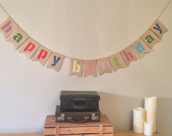 Happy Birthday Bunting Banner. Vintage Hessian Burlap