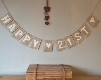 21st Birthday Bunting Banner. Vintage Hessian Burlap