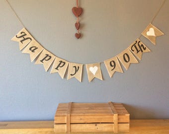 90th Birthday Bunting Banner Vintage Hessian Burlap Rustic