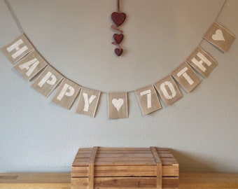 70th Birthday Bunting Banner. Vintage Hessian Burlap Rustic