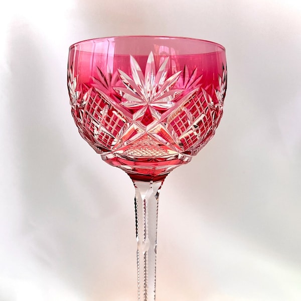 Antique-Val St Lambert-Cranberry Cut to Clear-WINE Glass-French Crystal-Val St Lambert Wine Stem-Wine Glass Stem Cranberry-Wine Hock Glass