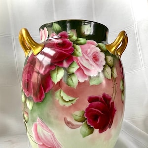 Antique-Haviland Limoges Hand Painted Vase-Roses-Stunning French Porcelain Rose Vase-Large 3 Handles-Haviland Artist Signed Roses Large Vase