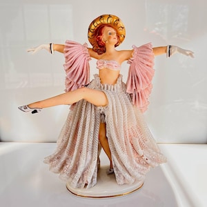 Antique-DRESDEN LACE Figure-Volkstedt Ackermann Fritze Figurine-Art Deco Dancing Girl-Lady Porcelain Lace Doll Woman Figure