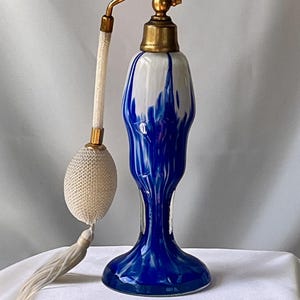 Antique Czech Bohemian Art Glass Perfume Atomizer Bottle Blue White Atomizer Signed Perfume Atomizer Hand Blown Glass Bottle