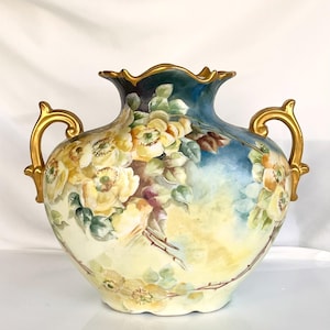 Antique Vienna Austria Porcelain Vase-Leonard-Hand Painted Rose-Gold Handles Artist Signed-Double Handle Rose Vase-Large Vase-Stunning
