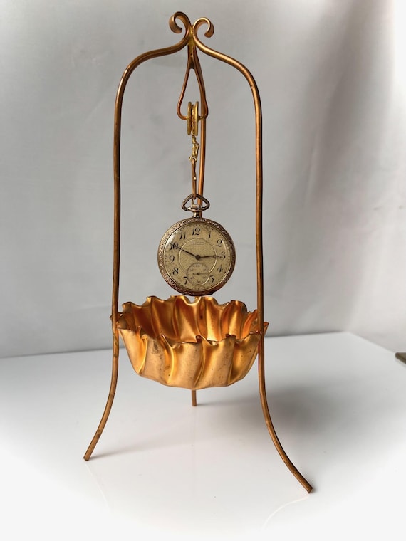 Antique Dore Pocket Watch Stand-Dresser Trinket Tray-Rings-Charm-Palais Royal Display-Gilt Hutch Holder with Tray-Display Hutch