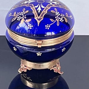 Antique Czech Blue Glass Jar-Vanity-Powder Jar-Enameled Dresser Trinket Box-Moser Blue Glass Dresser Box Ormolu Mounted Footed Covered Jar
