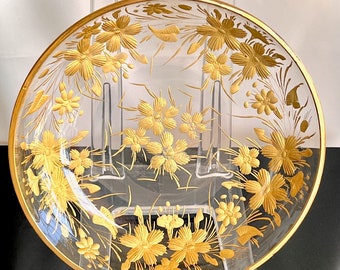 Antique Czech Engraved Art Glass Bowl-Gold Enamel Bowl Engraved-Antique Console Bowl-Gold Etching-Gold Engraved Flowers Bowl-Czech Engraved