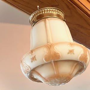 Art Deco Ceiling Light Flush Mount-Embossed Glass & Brass-Enamel Fixture-Shade-Arts Crafts Light Fixture Glass Shade-Antique Hall Light