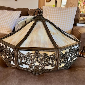 Antique-Arts & Crafts Hanging Light Fixture-B H SLAG GLASS CHANDELIER-Missions-Bungalow-Bradley Hubbard- 3 Socket Lamp Cluster