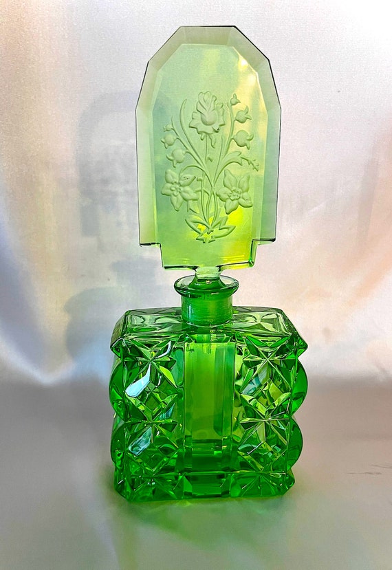 Antique Czech Perfume Bottle-Art Deco Green Glass 