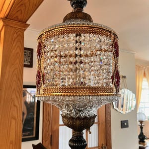 Hollywood Regency Chandelier-Vintage Crystal Hanging Pendant Light Fixture Crystal Jewels French Glass Prisms-Beaded Crystal MCM Chandelier