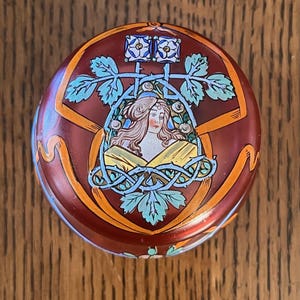 CZECH Powder Jar Cranberry Art Glass-Art Nouveau Glass Enameled Powder Box Hinged-Art Deco Figure Powder Puff Jar w/ Lady Figure Puff