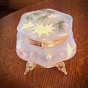 ANTIQUE Moser Glass Powder Box-Czech Vanity Box-Glass Gold Enameled Vanity Box Casket Box-Dresser Box-Large Czech Footed Gold Hinged Box