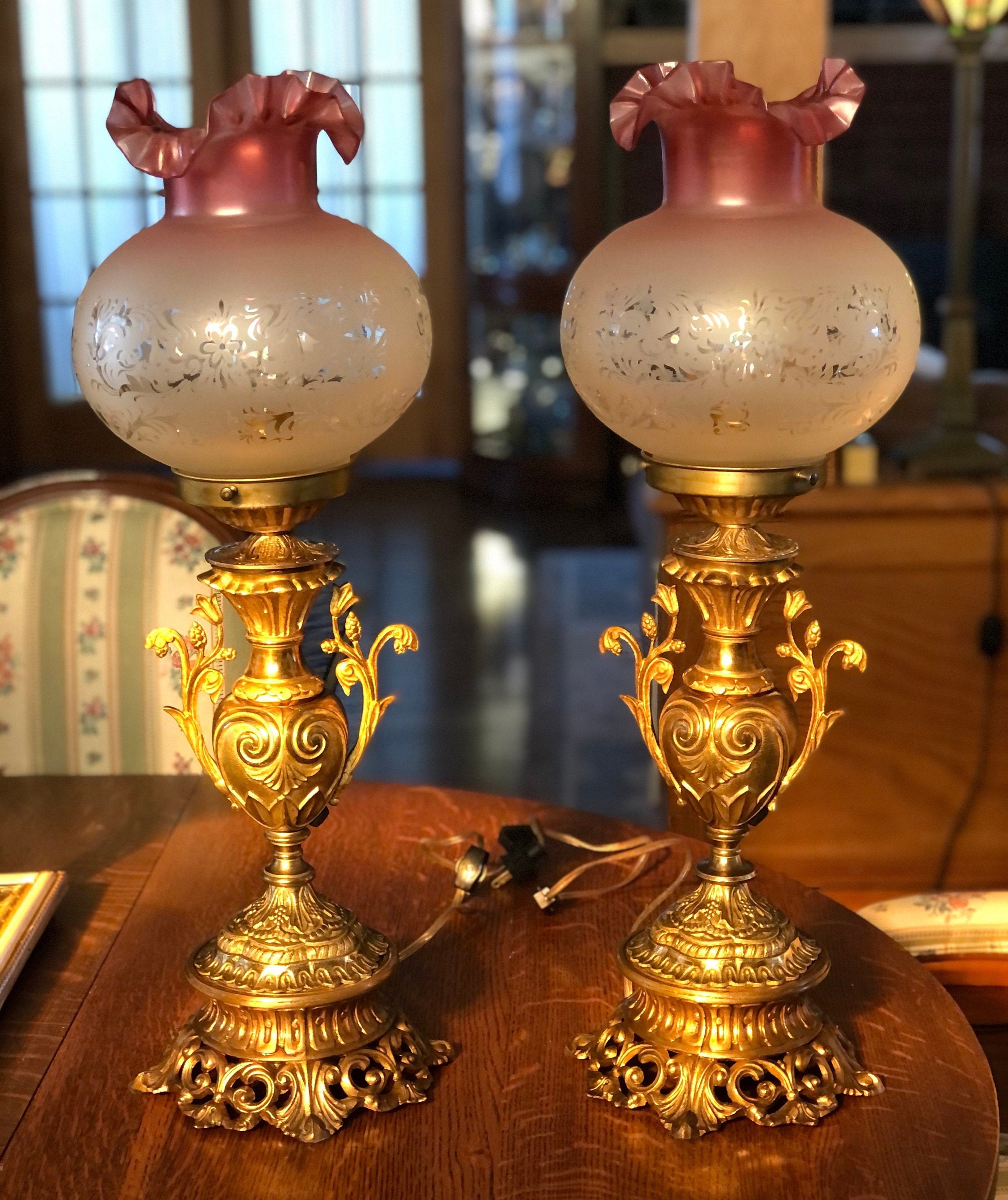 Antique Victorian Lamps GWTW Hurricane Lamps Etched Glass Etsy in