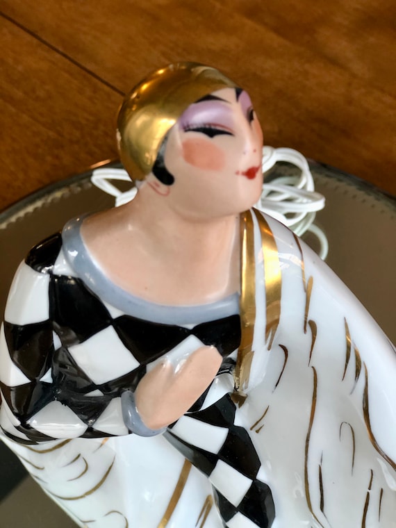 Art Deco Limoges Perfume Lamp-French-Figurine LAMP-Limoges Porcelain Scent Lamp-Figure Accent Lamp-Serpaut-Harlequin-1920's