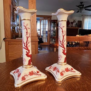 Vintage Coalport Bone China CANDLESTICKS-Indian Tree Coral Rust Candle Holders Pair-Coalport Indian Tree Coral Candle Holders-Pair English