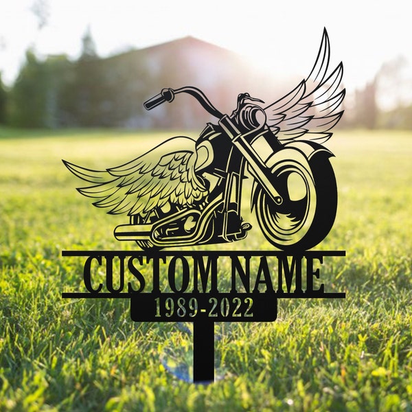Custom Rider Memorial Metal Stake, Biker Memorial, Motorcycle with Wings Metal Sign, Riding with Angels, Loss of Loved One, Garden Stakes