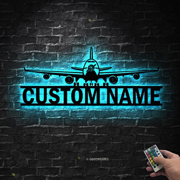 Custom Metal Airplane Wall Art with LED Lights, Helicopter Aircraft Wall Decor, Pilot Gifts, Pilot Name Sign, Airplane Gifts, Nursery Decor