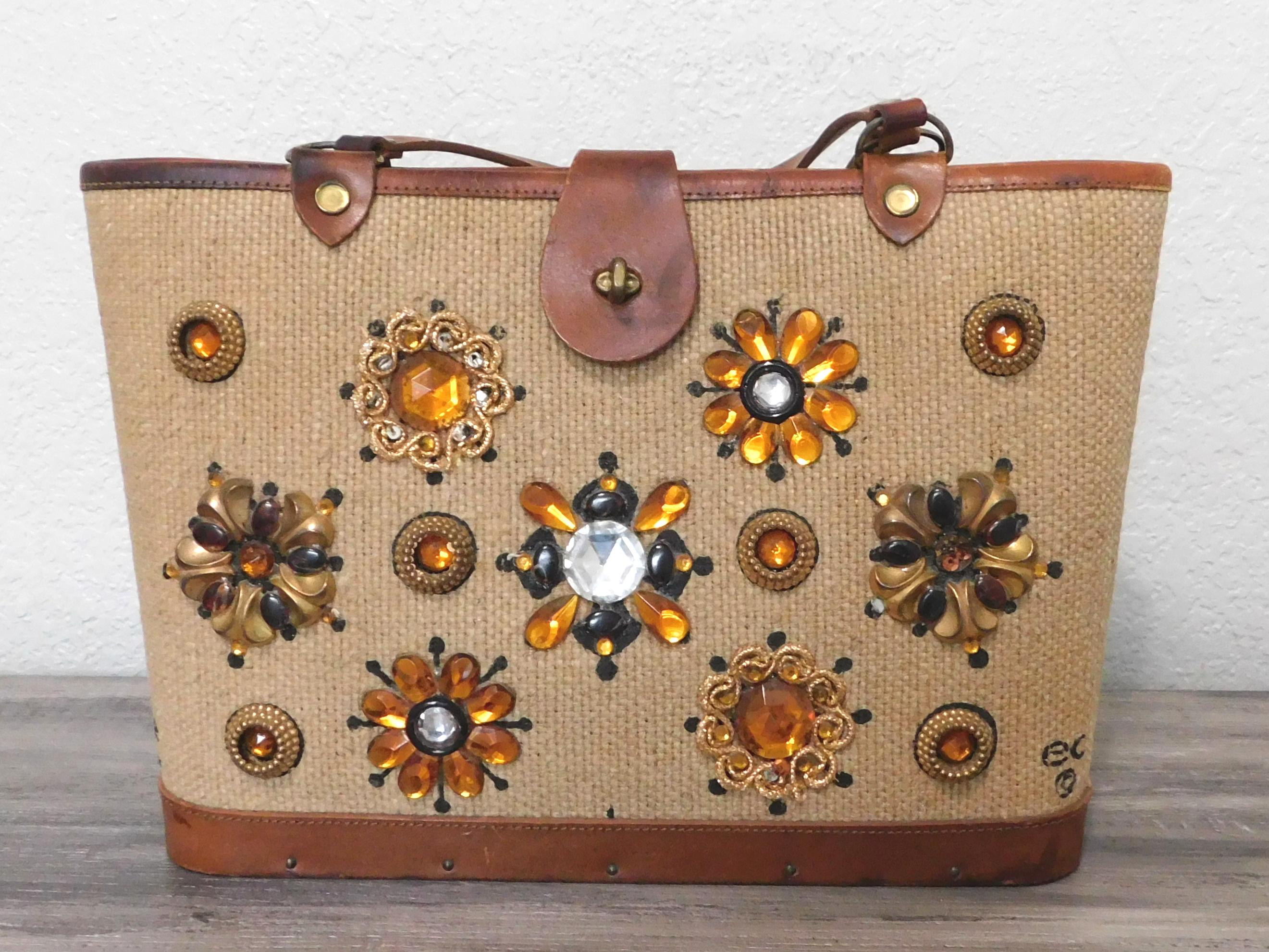 Vintage ENID COLLINS “mille Fleur” Wood & Fabric Purse 1960s 