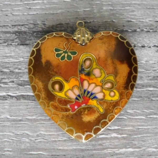 Vintage CLOISONNE PUFF HEART Double Sided Pendant ~ Boho Chic Jewlery~ Estate Sale Find!