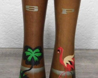 Vintage Florida Shakers ~ MCM Wooden Shakers ~ Palm Tree & Flamingo