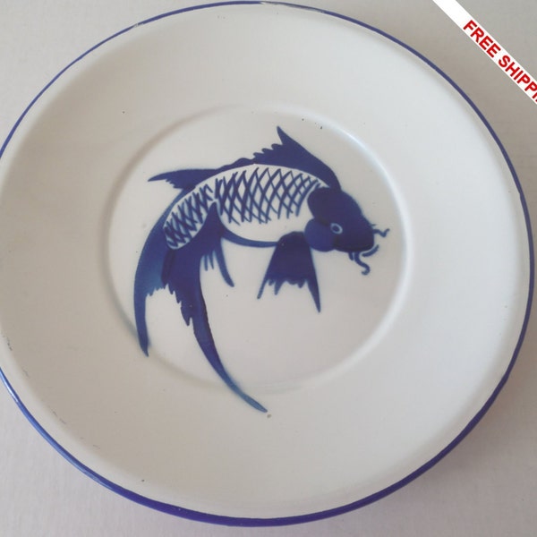 Vintage Enamelware Blue & White Koi Carp Fish Plate Enamel on Metal / Tin