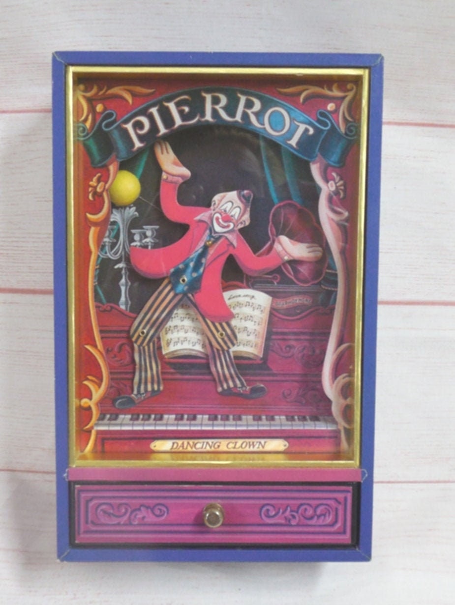 Vintage Pierrot Clown Music Box/dancing Clown/shadow Music