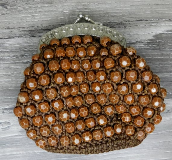 Vintage JEM Crochet Beaded COIN PURSE ~  Kiss Loc… - image 1