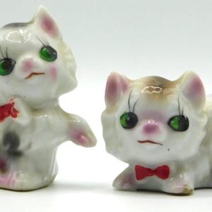 Vintage White Ceramic Porcelain Cat Figurines with Green Eyes ~ MCM KITCH Decor