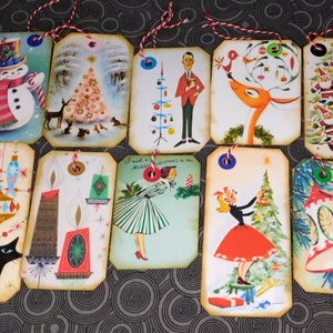 RETRO Style CHRISTMAS Gift TAGS/Mid Century Christmas Gift Tags/Handmade/Sampler/10 Pieces/#E