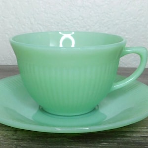 Vintage Fire King Jadeite Cup & Saucer Set ~ Jane Ray Ribbed Pattern