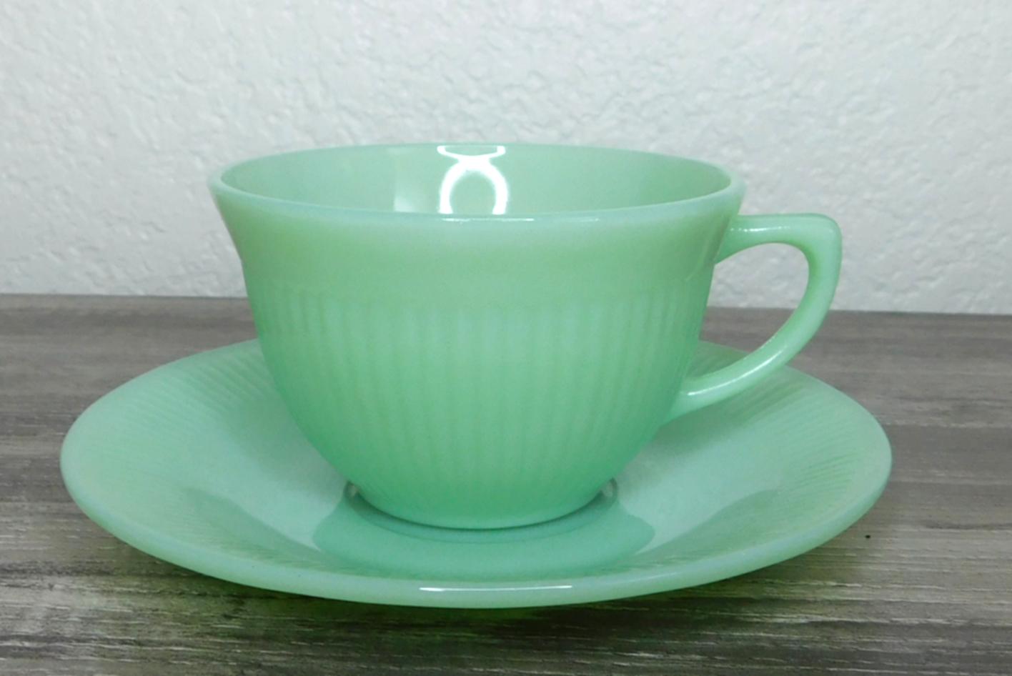 Vintage Fire King Jadeite Cup & Saucer Set ~ Jane Ray Ribbed Pattern