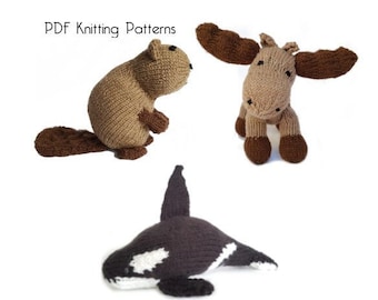 Knitted Canadian Animal Toy PDF Pattern, Moose, Beaver, Orca