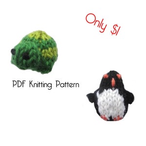 May include: PDF knitting pattern for a green and yellow turtle and a black and white penguin. The pattern is only $1.