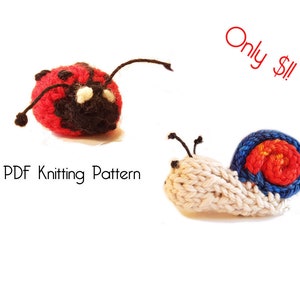 May include: PDF knitting pattern for a red and black ladybug and a white snail with a blue and red shell. The pattern is only $1.