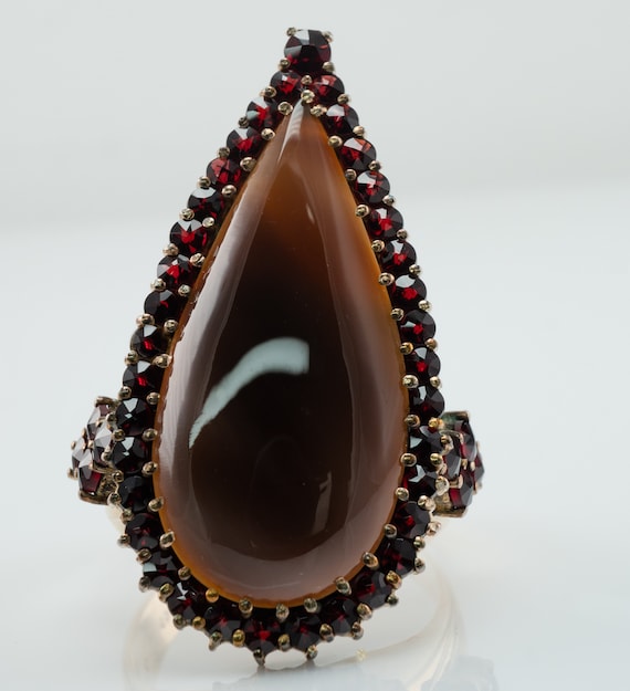 Natural Garnet Agate Ring 14K Gold Huge Cocktail - image 2