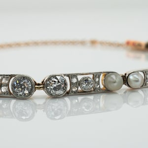 Antique Pearl Diamonds Bracelet 14K Gold Safe Guard Old European Mine