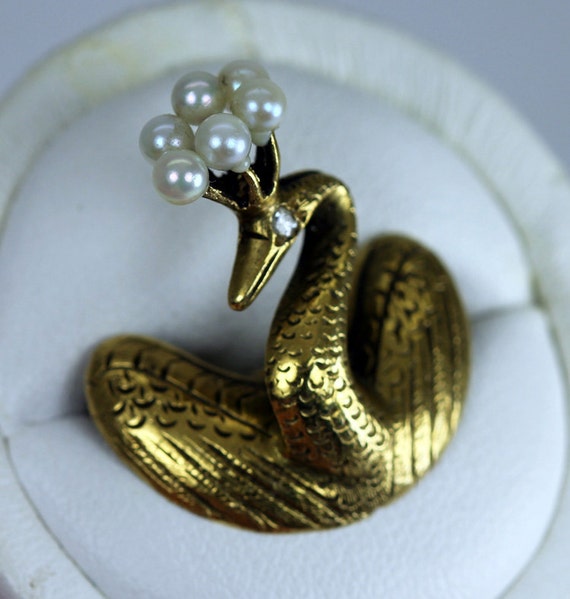 14K Gold Diamond Pearl Brooch Swan c.1960
