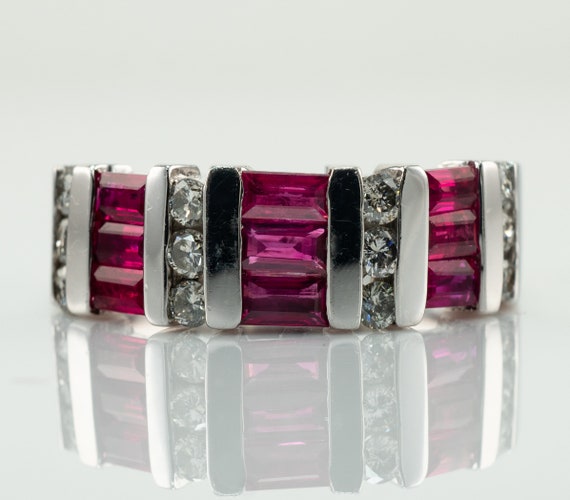 Natural Ruby Diamond Band Ring 14K White Gold - image 1