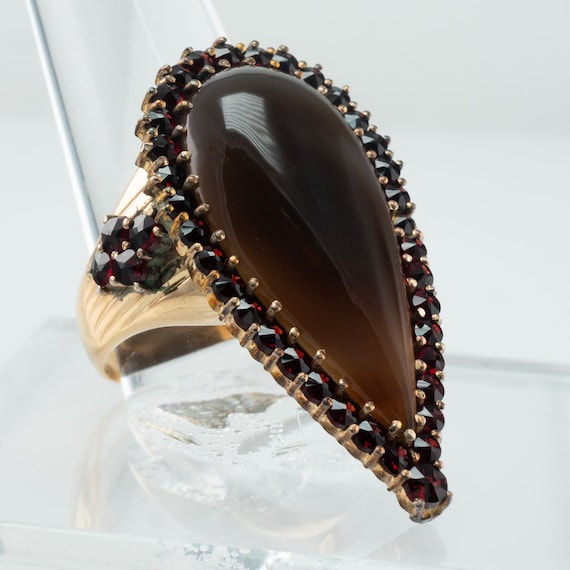 Natural Garnet Agate Ring 14K Gold Huge Cocktail - image 1