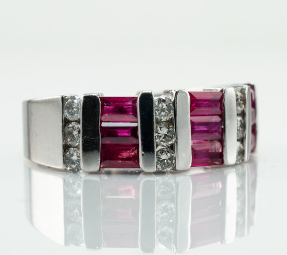 Natural Ruby Diamond Band Ring 14K White Gold - image 2