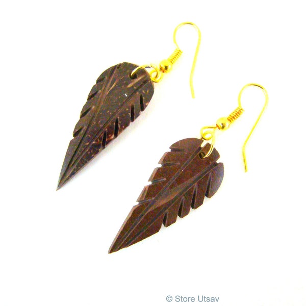 Earrings Dangle Coconut Shell Spearhead Hand Carved Coconut Oil Polished Deep Brown | Ecofriendly Coconut Jewelry Craft of Kerala in India