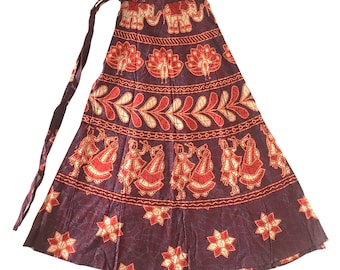 Skater Skirt Circle Brown Short Cotton Elastic Waistband Handmade Floral pattern from India Women Clothing Fashion Skirt for Girls Gift